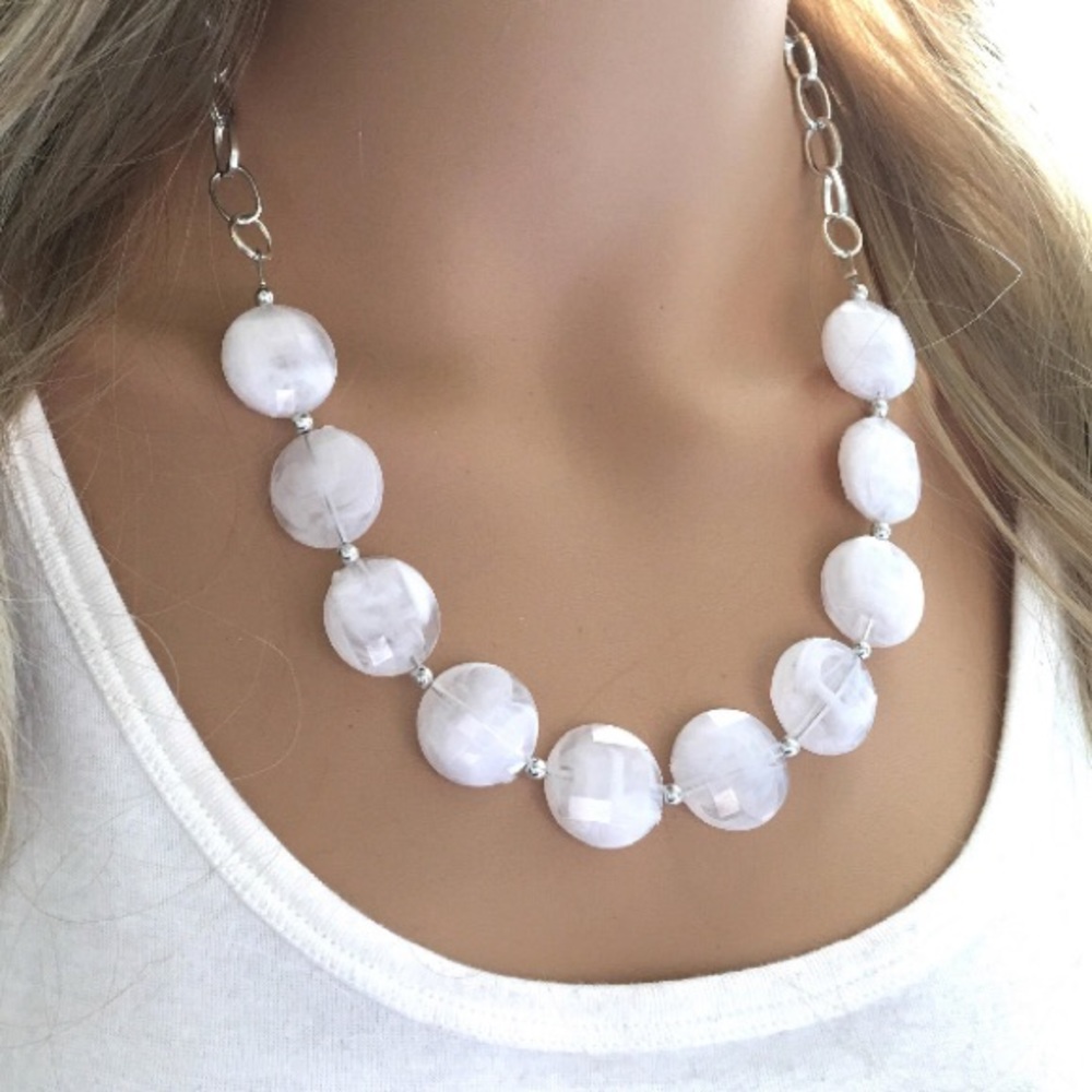 White and silver bead Statement Necklace & Earring set